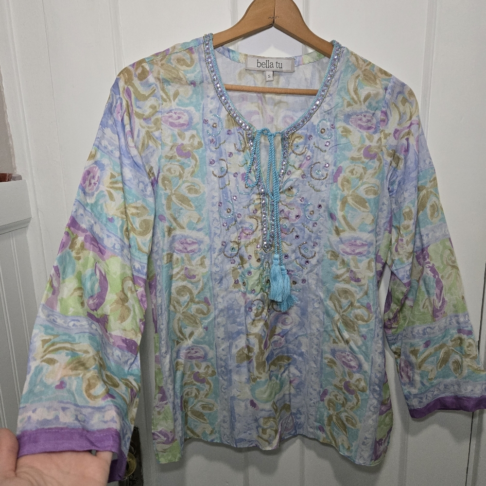 Bella Tu Womens Beaded Fairy Blouse Size S Fairycore Fae Sparkle Ren Fest Floral - Picture 2 of 13